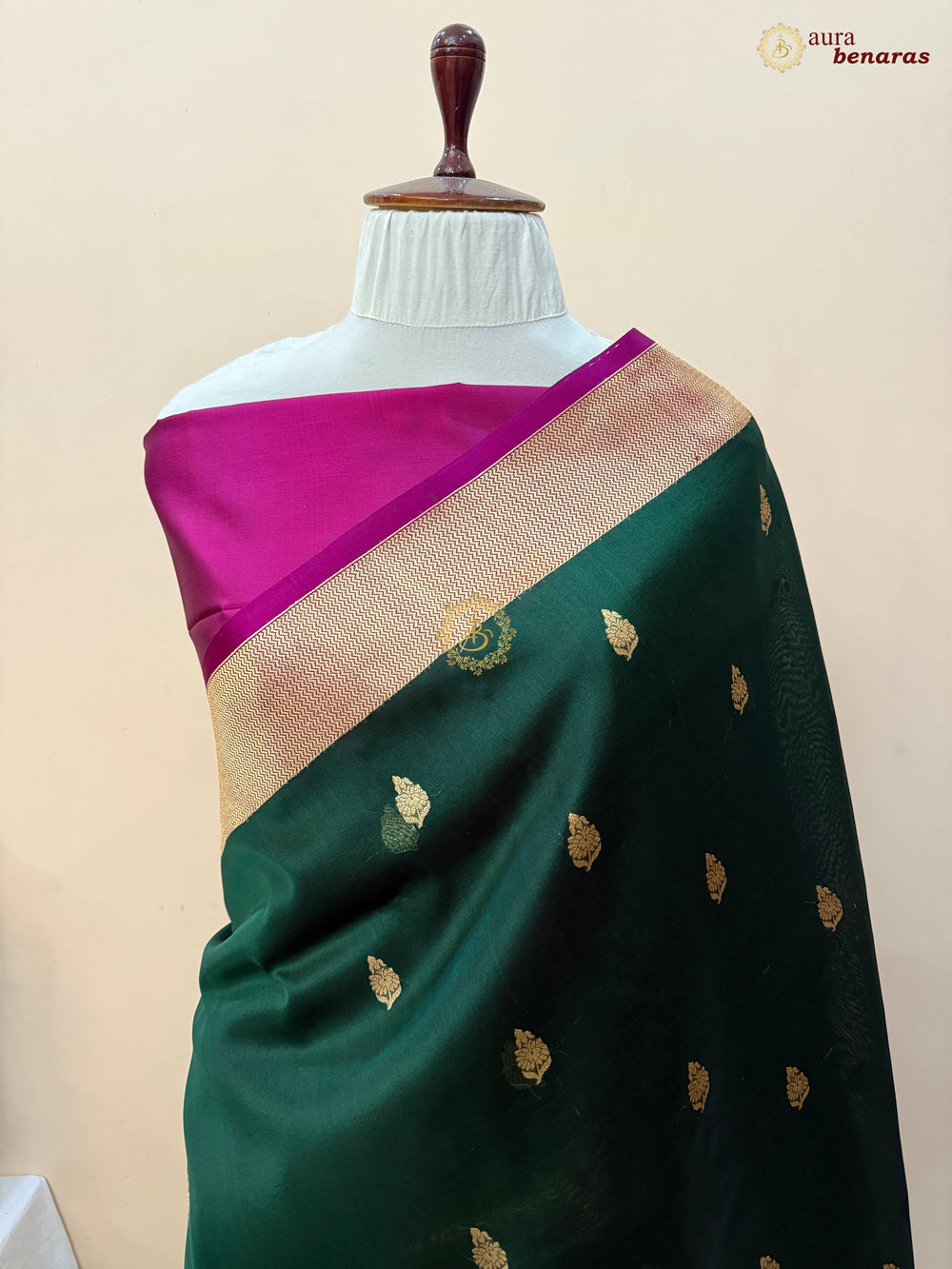 Bottle Green Banarasi Handloom Kora Silk Saree
