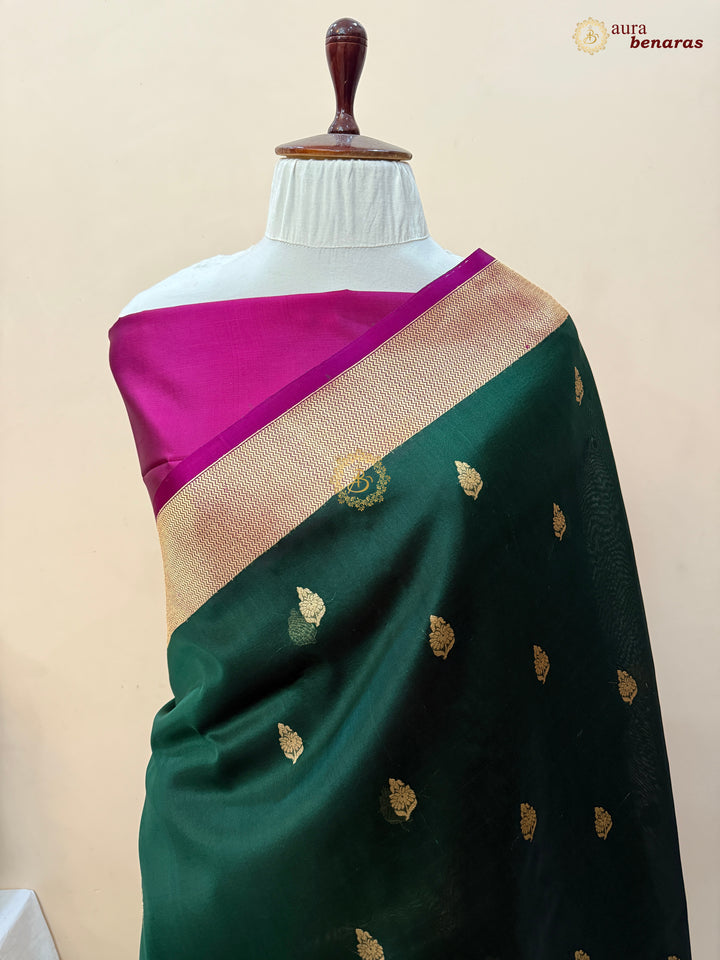 Bottle Green Banarasi Handloom Kora Silk Saree