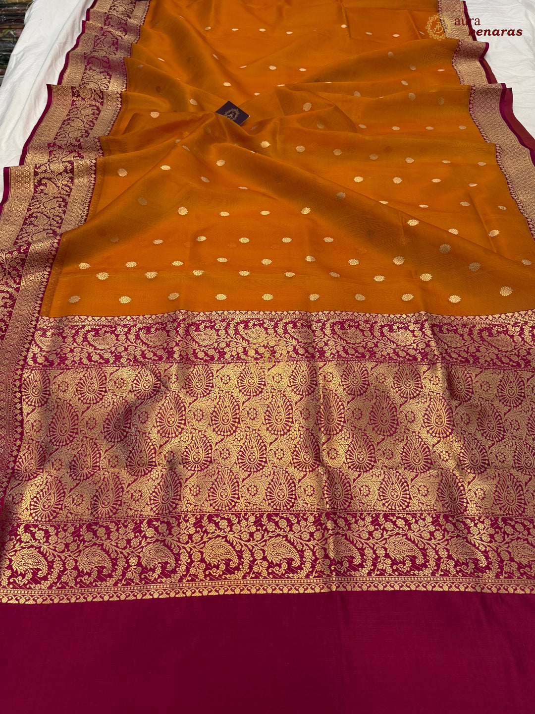 Orange Banarasi Handloom Kora Silk Saree