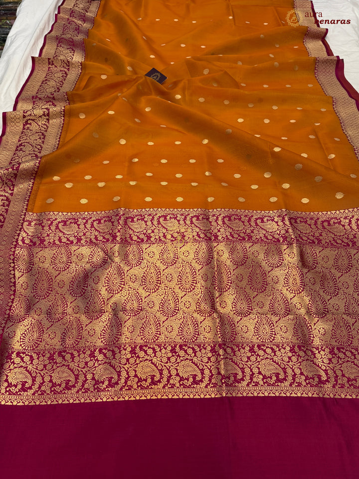 Orange Banarasi Handloom Kora Silk Saree