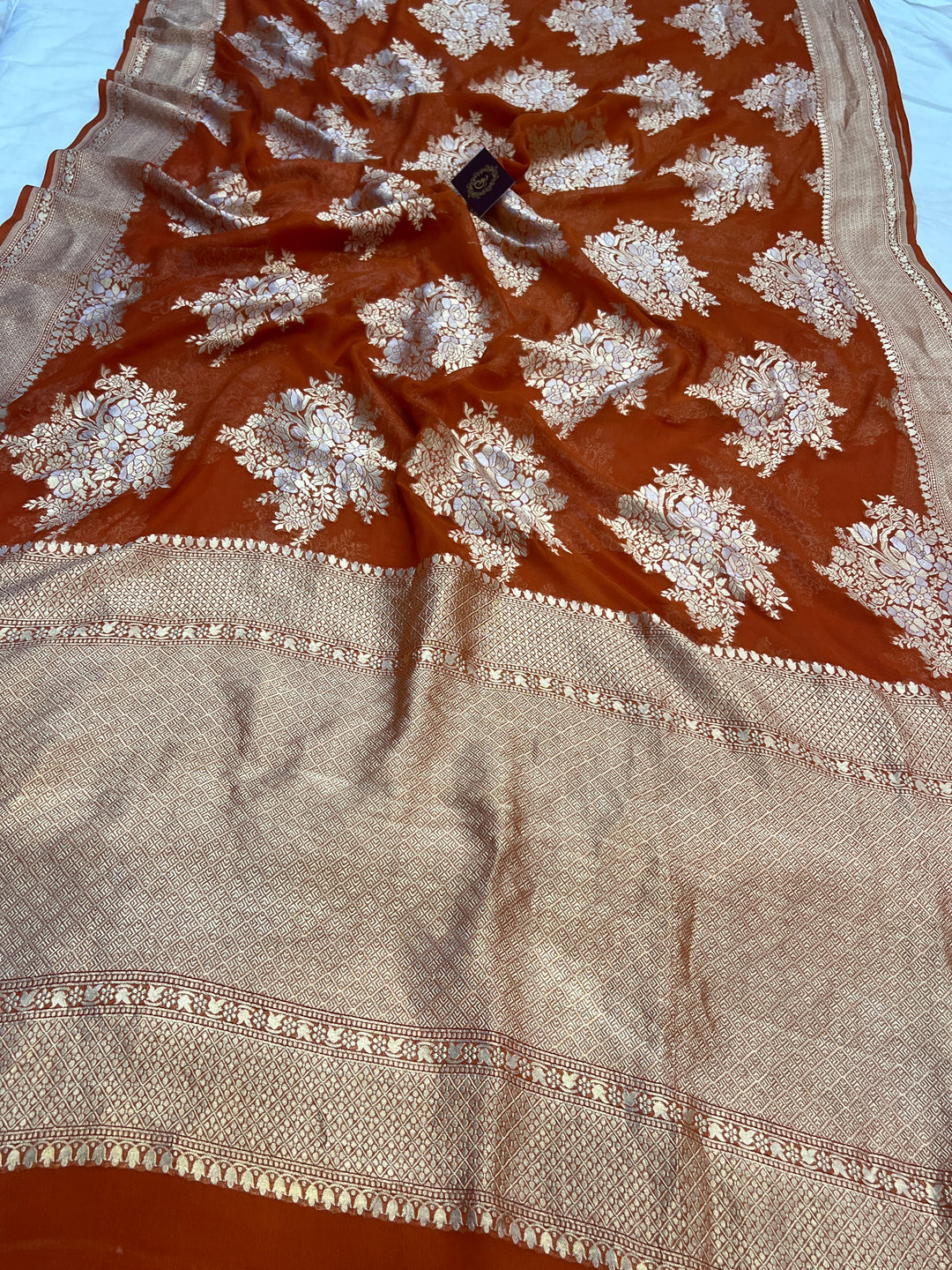 Rust Orange Banarasi Silk Saree with Sona Rupa Zari