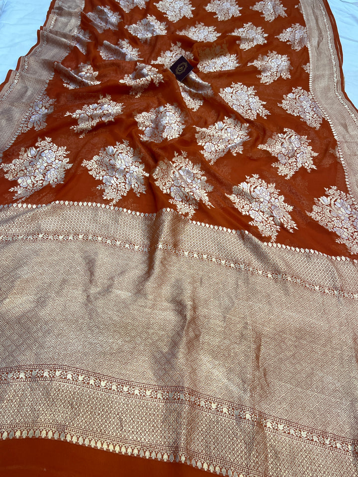 Rust Orange Banarasi Silk Saree with Sona Rupa Zari