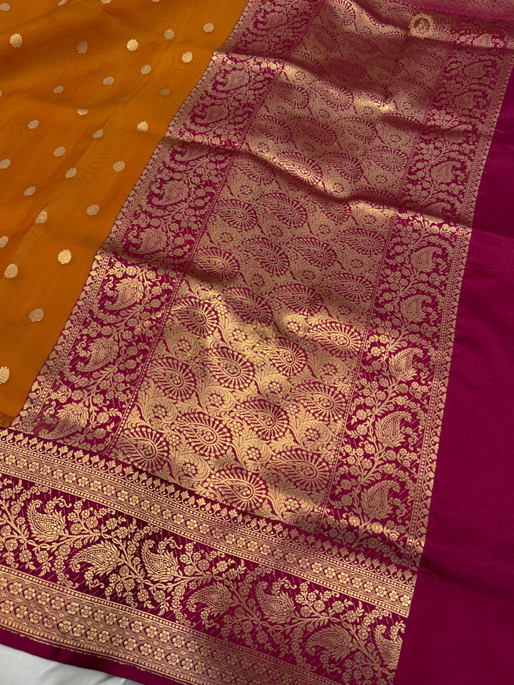 Orange Banarasi Handloom Kora Silk Saree
