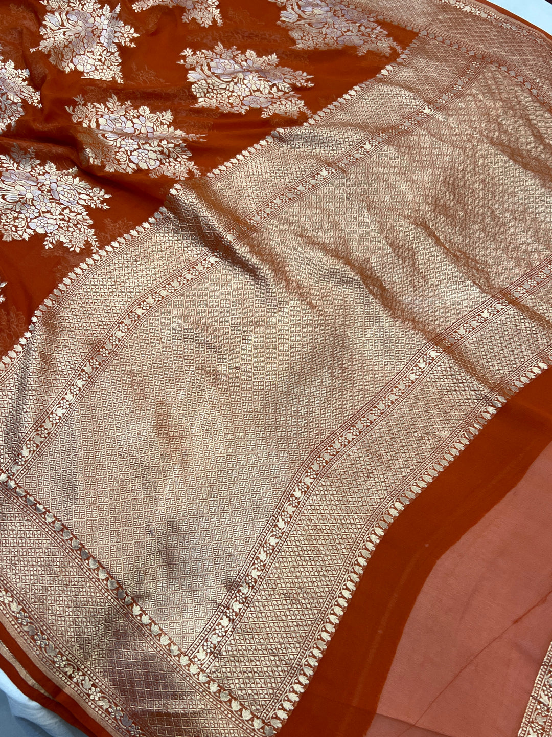 Rust Orange Banarasi Silk Saree with Sona Rupa Zari