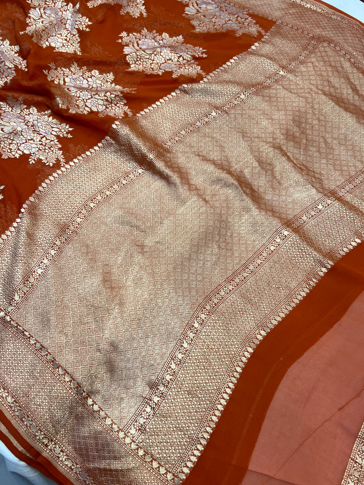 Rust Orange Banarasi Silk Saree with Sona Rupa Zari