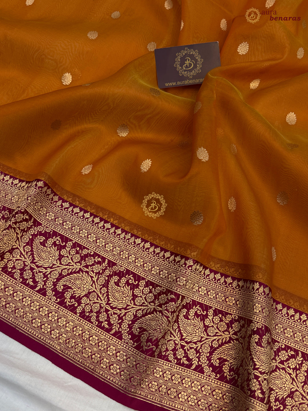 Orange Banarasi Handloom Kora Silk Saree