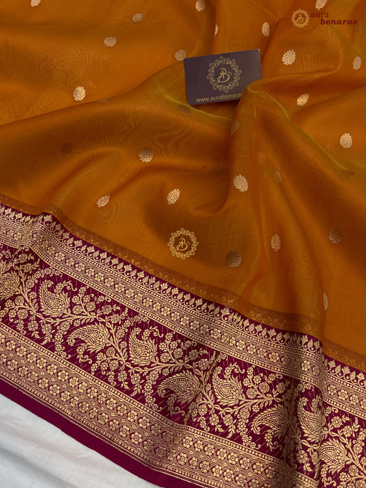 Orange Banarasi Handloom Kora Silk Saree