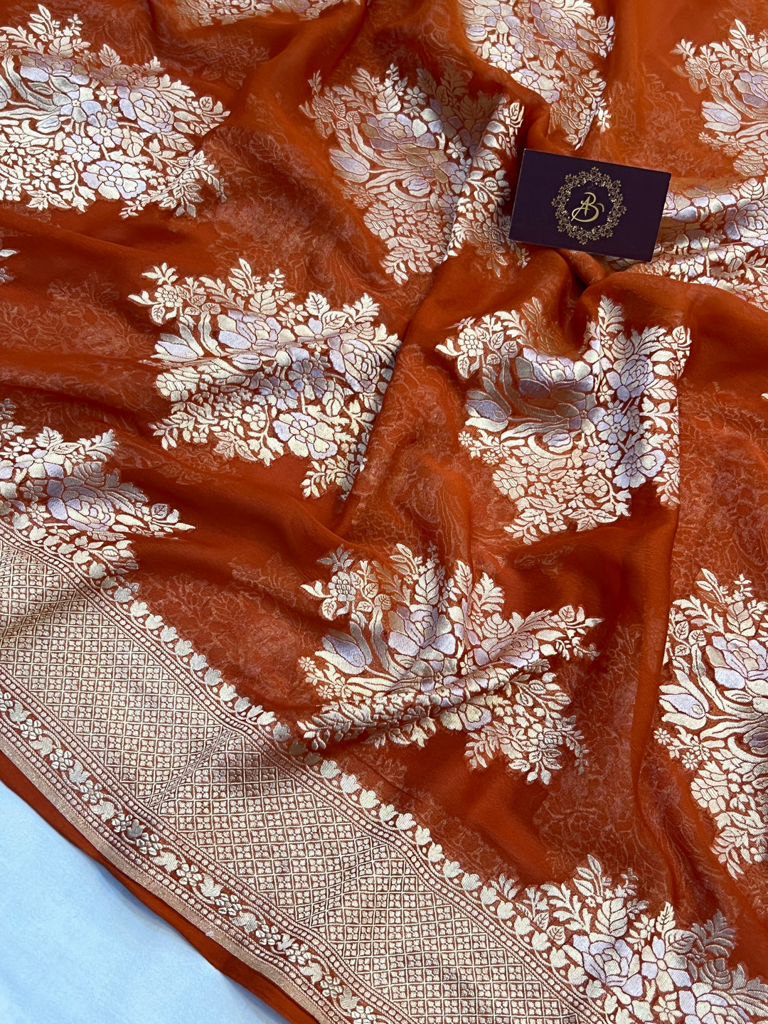 Rust Orange Banarasi Silk Saree with Sona Rupa Zari