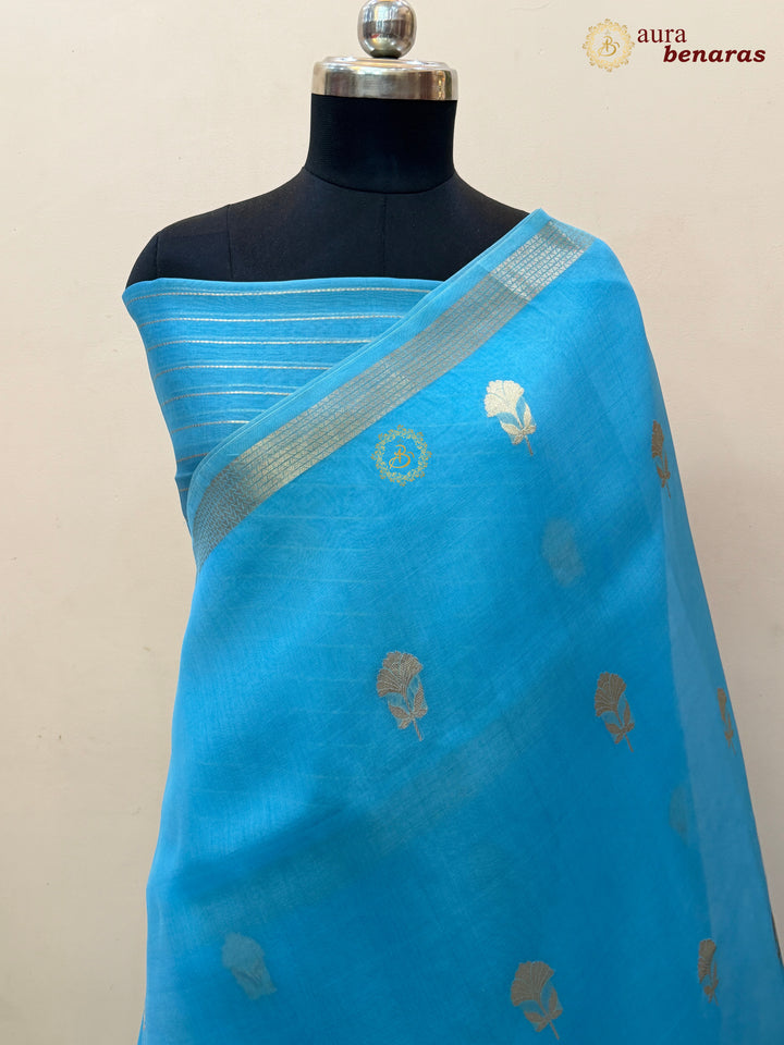 Sky Blue Kora Silk Handloom Banarasi Saree | Kadhwa Butis 