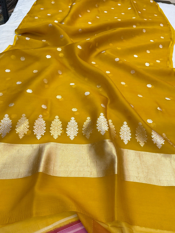 Mustard Yellow Pure Kora silk Handloom Banarasi Saree