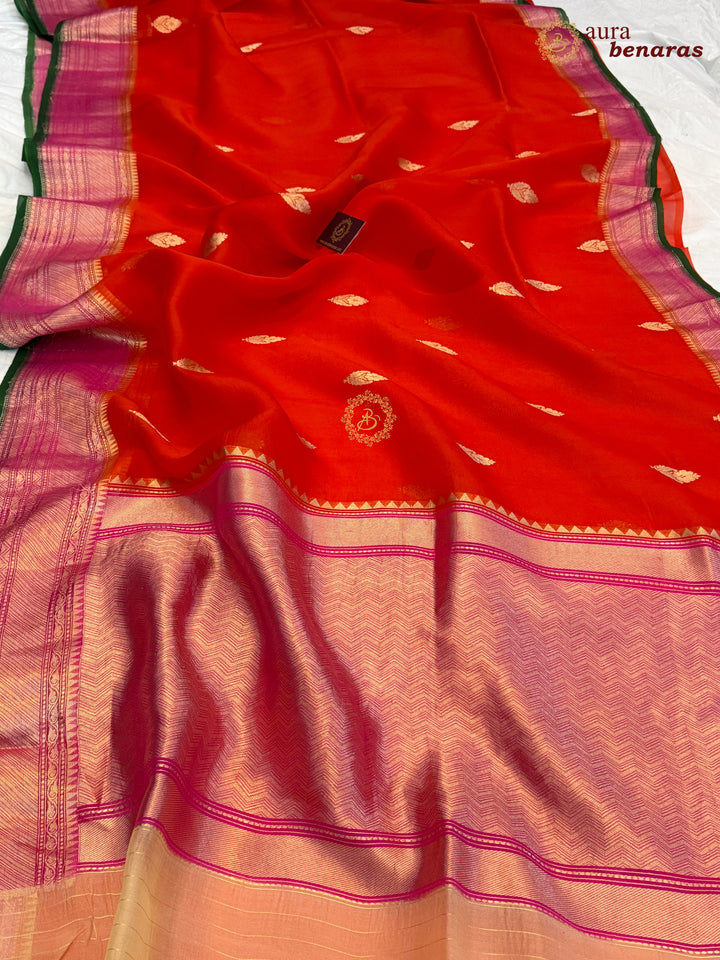 Orange Banarasi Handloom Kora Silk Saree - Aura Benaras