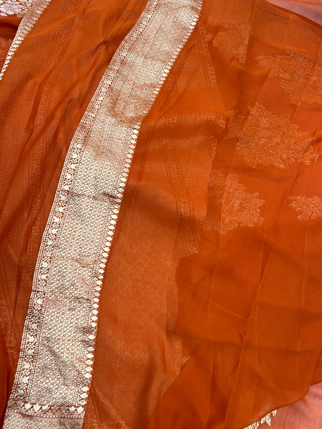 Rust Orange Banarasi Silk Saree with Sona Rupa Zari