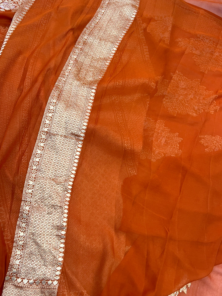 Rust Orange Banarasi Silk Saree with Sona Rupa Zari