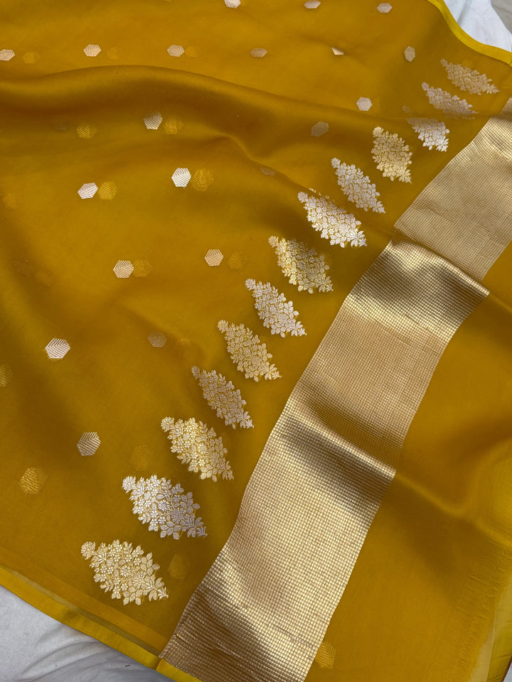 Mustard Yellow Pure Kora silk Handloom Banarasi Saree