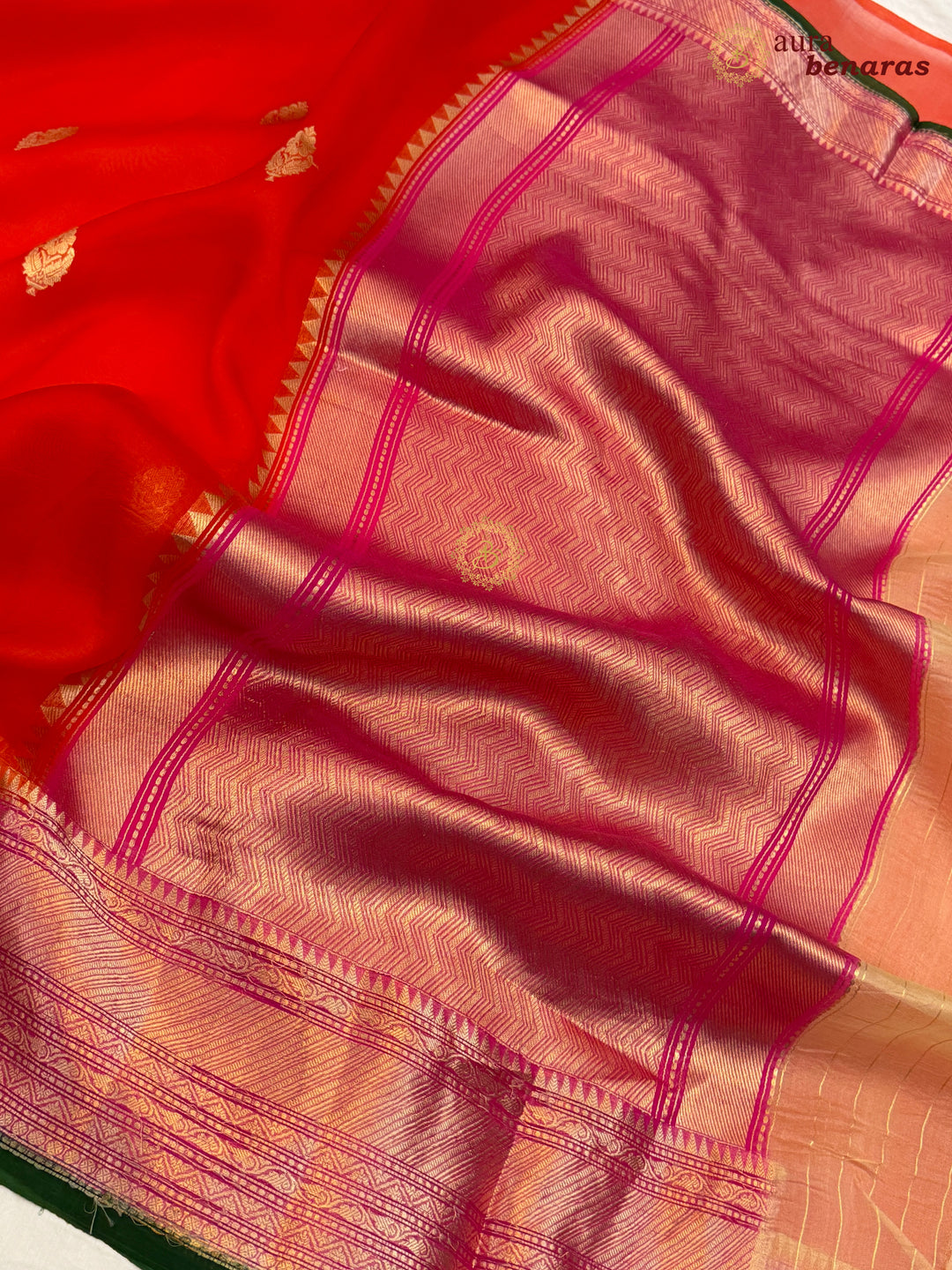 Orange Banarasi Handloom Kora Silk Saree - Aura Benaras