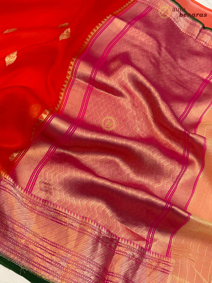 Orange Banarasi Handloom Kora Silk Saree - Aura Benaras