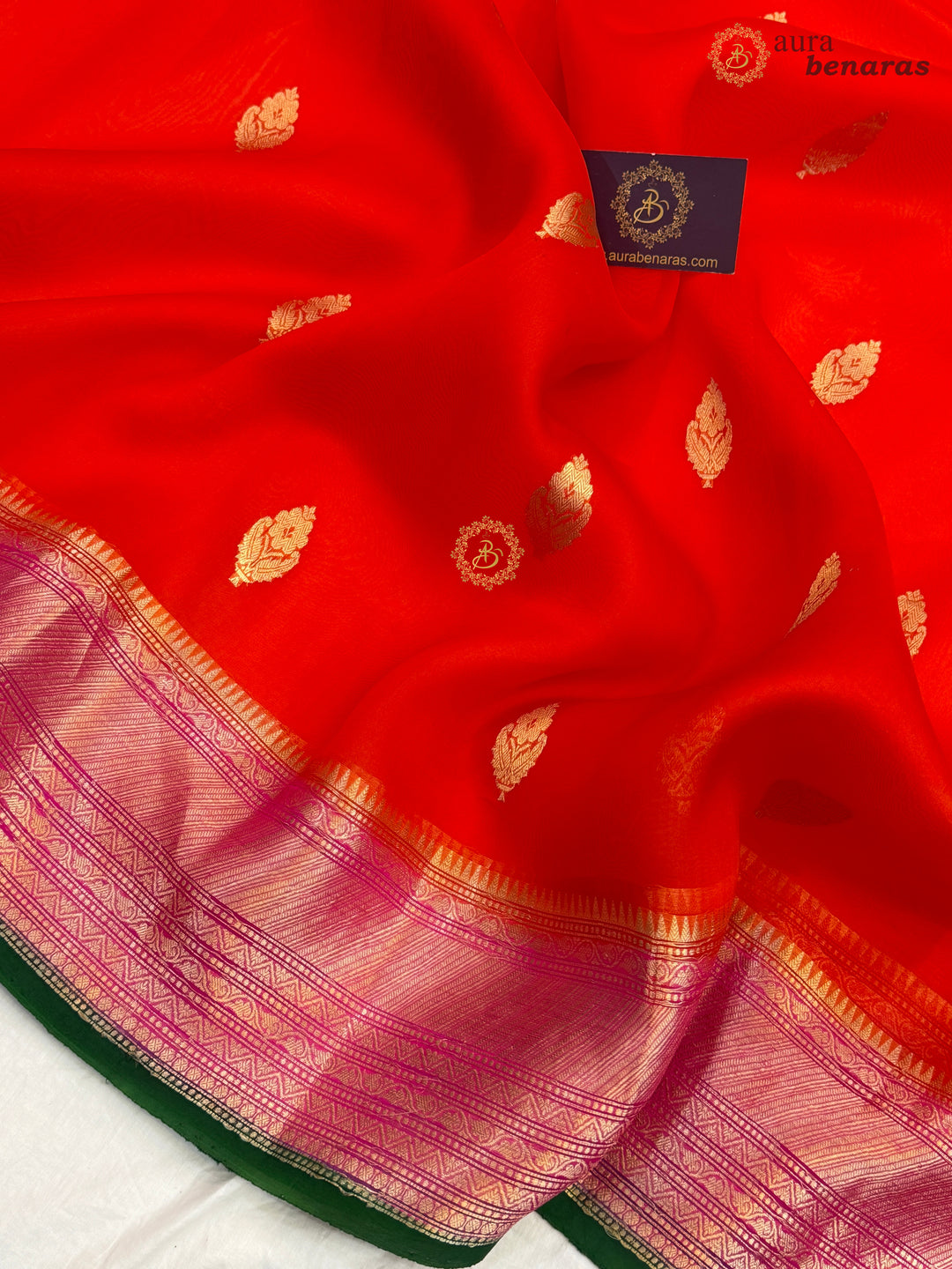 Orange Banarasi Handloom Kora Silk Saree - Aura Benaras