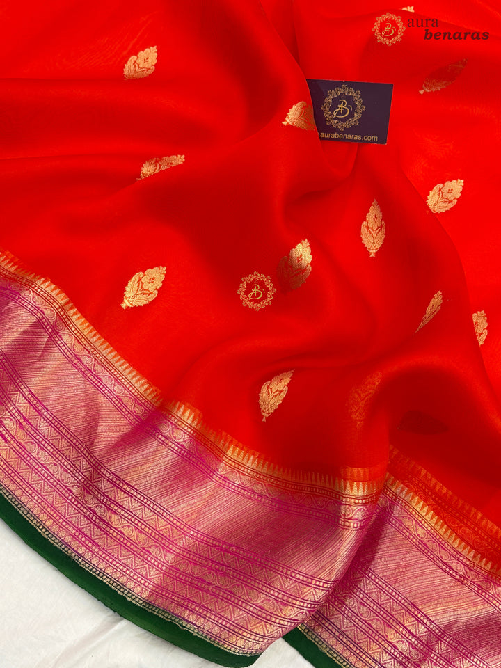 Orange Banarasi Handloom Kora Silk Saree - Aura Benaras