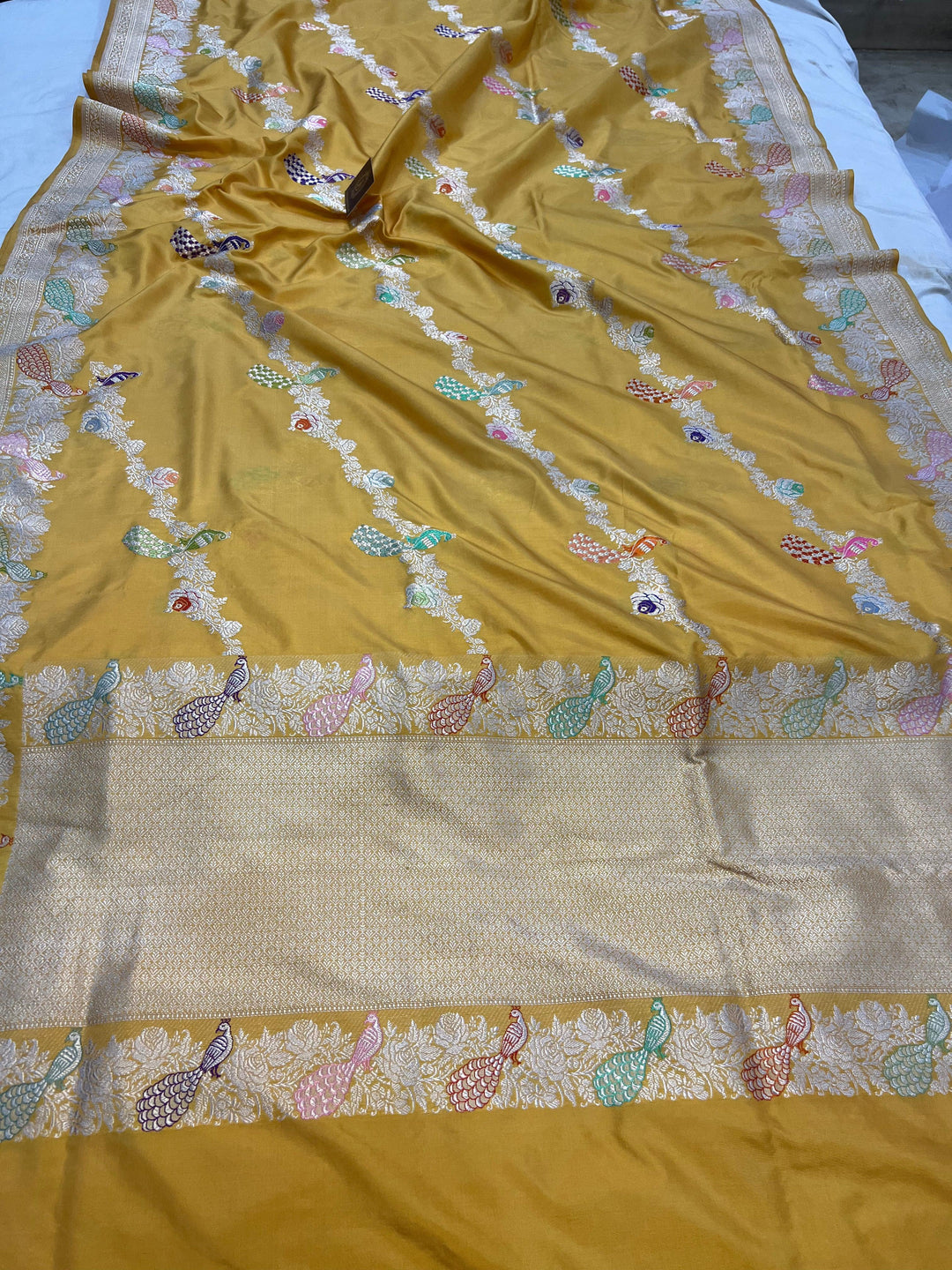 English Yellow Pure Banarasi Handloom Katan Silk Saree - Aura Benaras