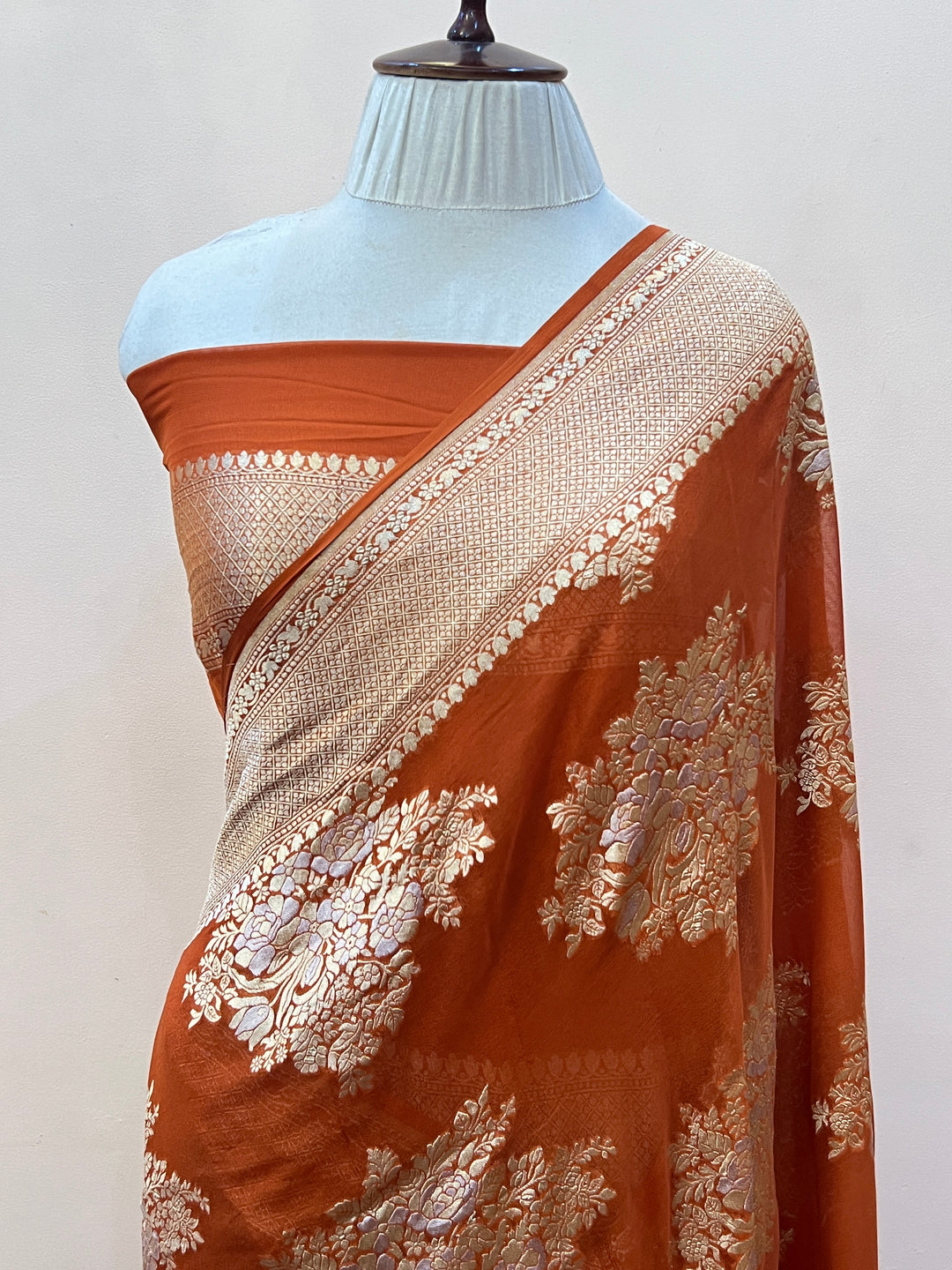 Rust Orange Banarasi Silk Saree with Sona Rupa Zari