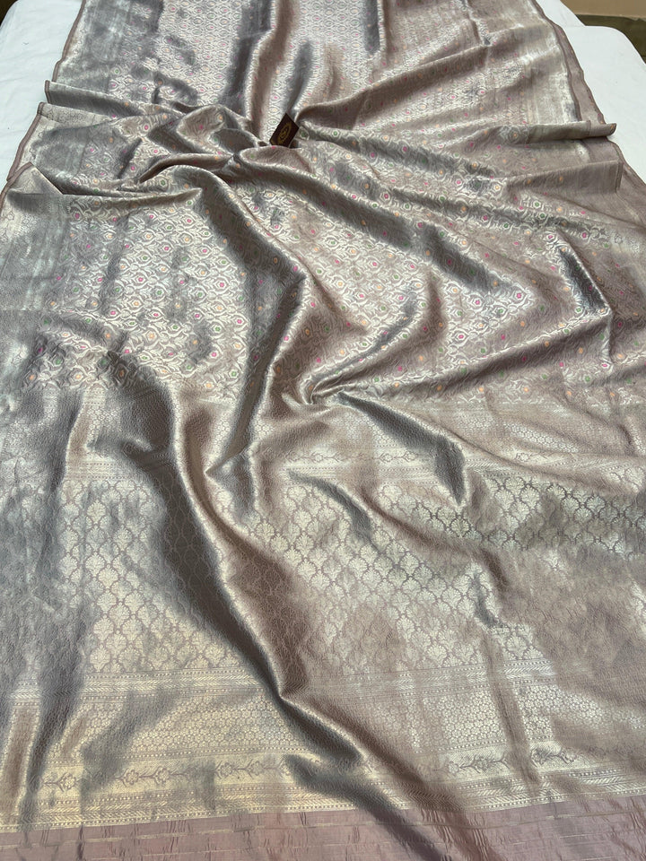 Silver Thistle Beige Pure Katan Silk Banarasi Saree with Meenakari Brocade