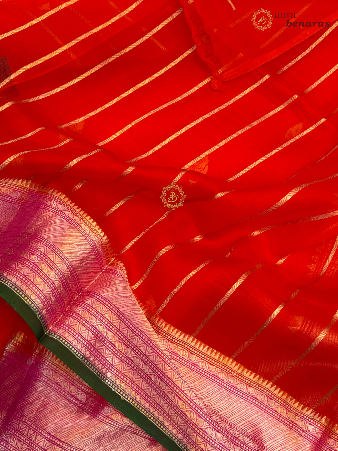 Orange Banarasi Handloom Kora Silk Saree - Aura Benaras