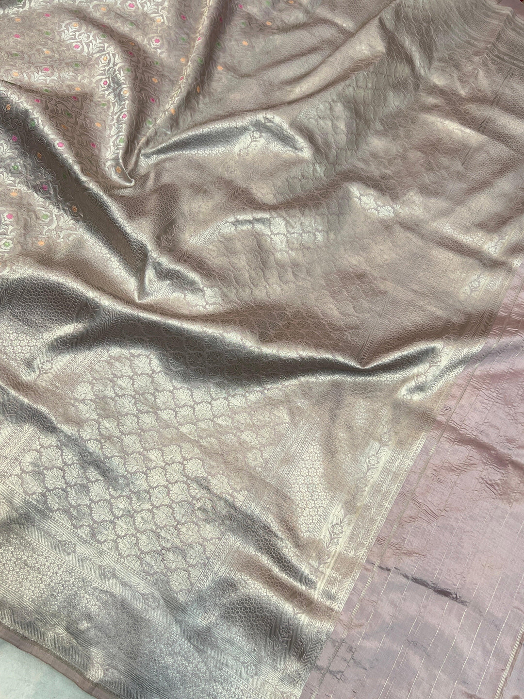 Silver Thistle Beige Pure Katan Silk Banarasi Saree with Meenakari Brocade