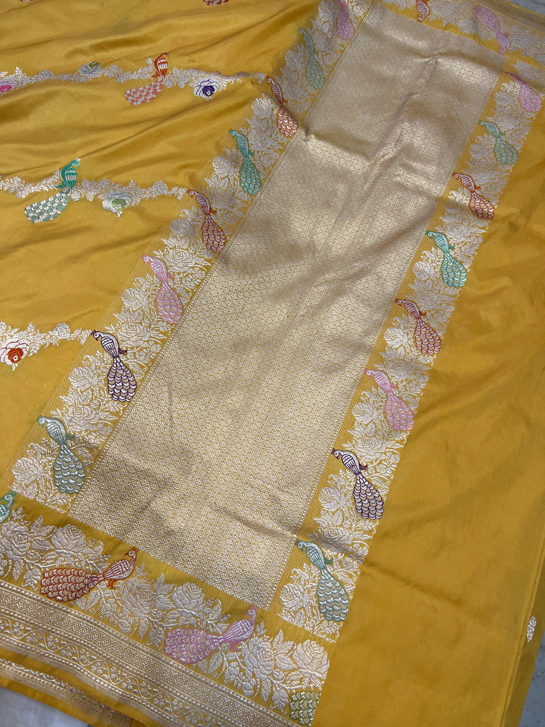 English Yellow Pure Banarasi Handloom Katan Silk Saree - Aura Benaras