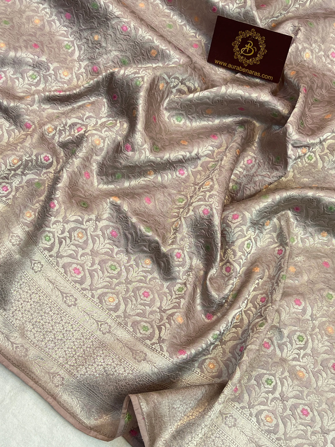 Silver Thistle Beige Pure Katan Silk Banarasi Saree with Meenakari Brocade