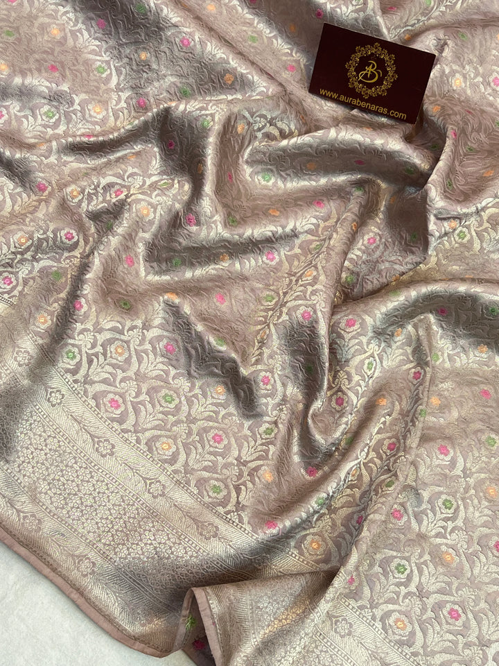 Silver Thistle Beige Pure Katan Silk Banarasi Saree with Meenakari Brocade