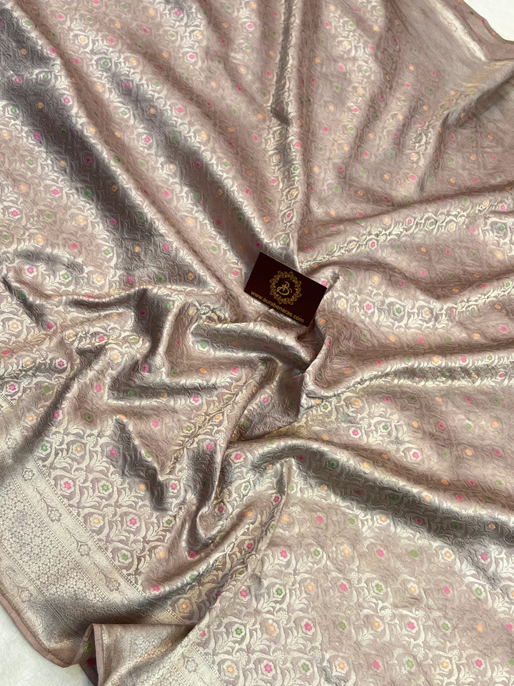 Silver Thistle Beige Pure Katan Silk Banarasi Saree with Meenakari Brocade