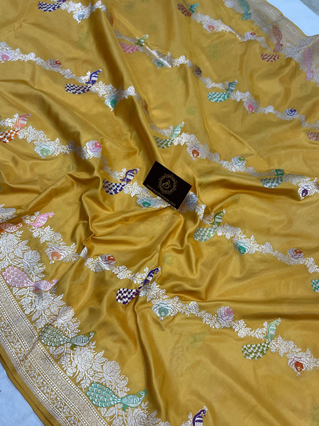 English Yellow Pure Banarasi Handloom Katan Silk Saree - Aura Benaras