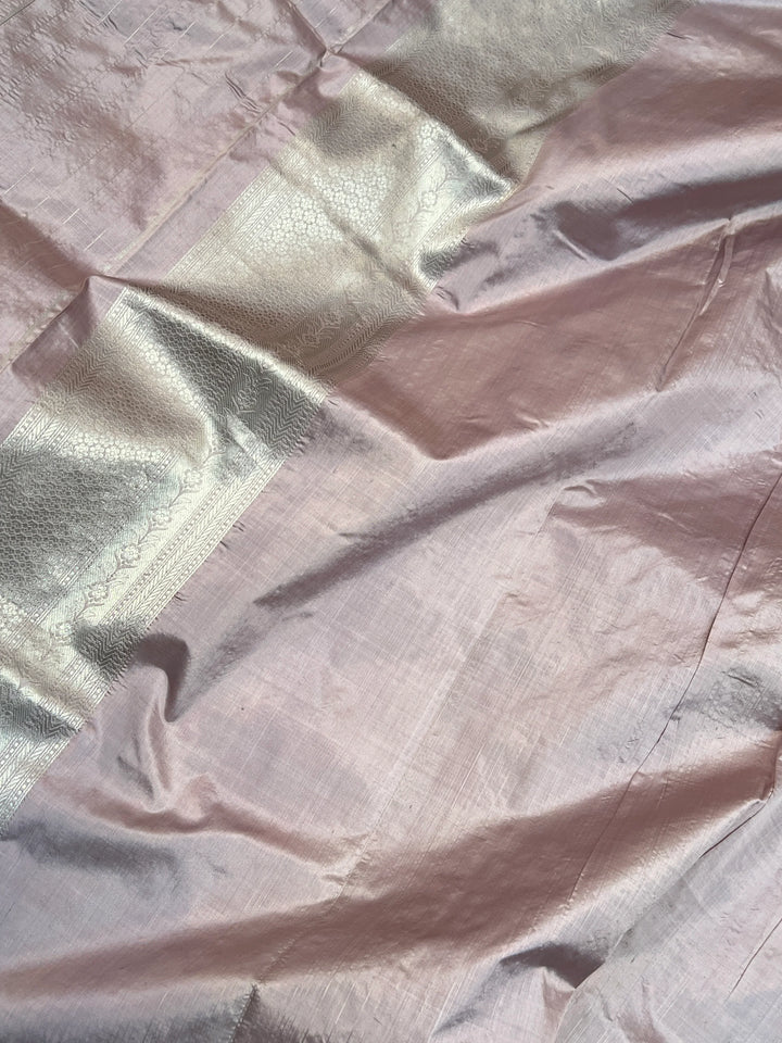 Silver Thistle Beige Pure Katan Silk Banarasi Saree with Meenakari Brocade