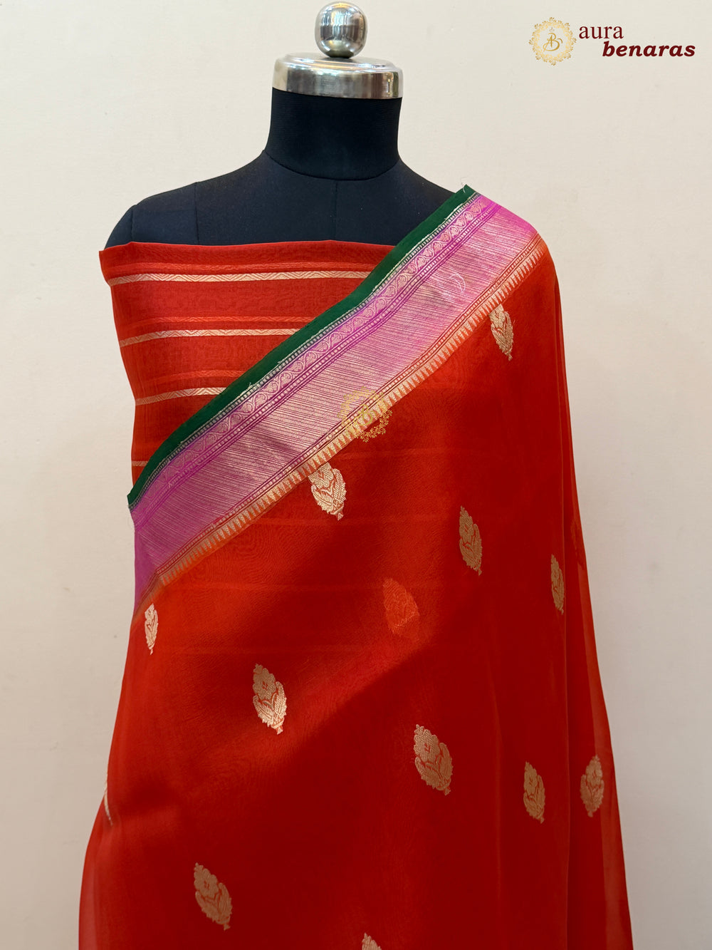 Orange Banarasi Handloom Kora Silk Saree - Aura Benaras