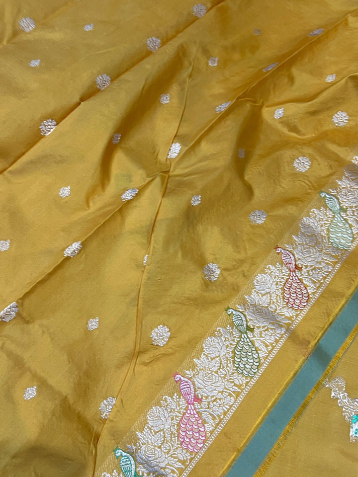 English Yellow Pure Banarasi Handloom Katan Silk Saree - Aura Benaras