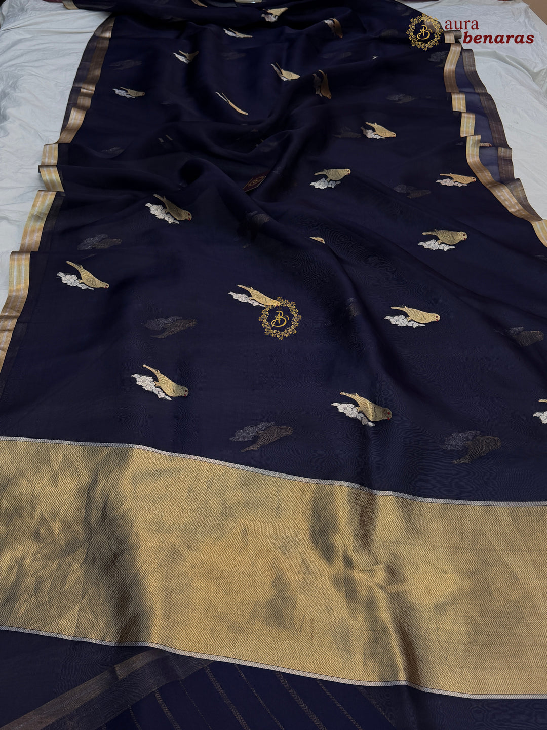 Navy Blue Kora Silk Banarasi Saree with Sona Rupa Butis
