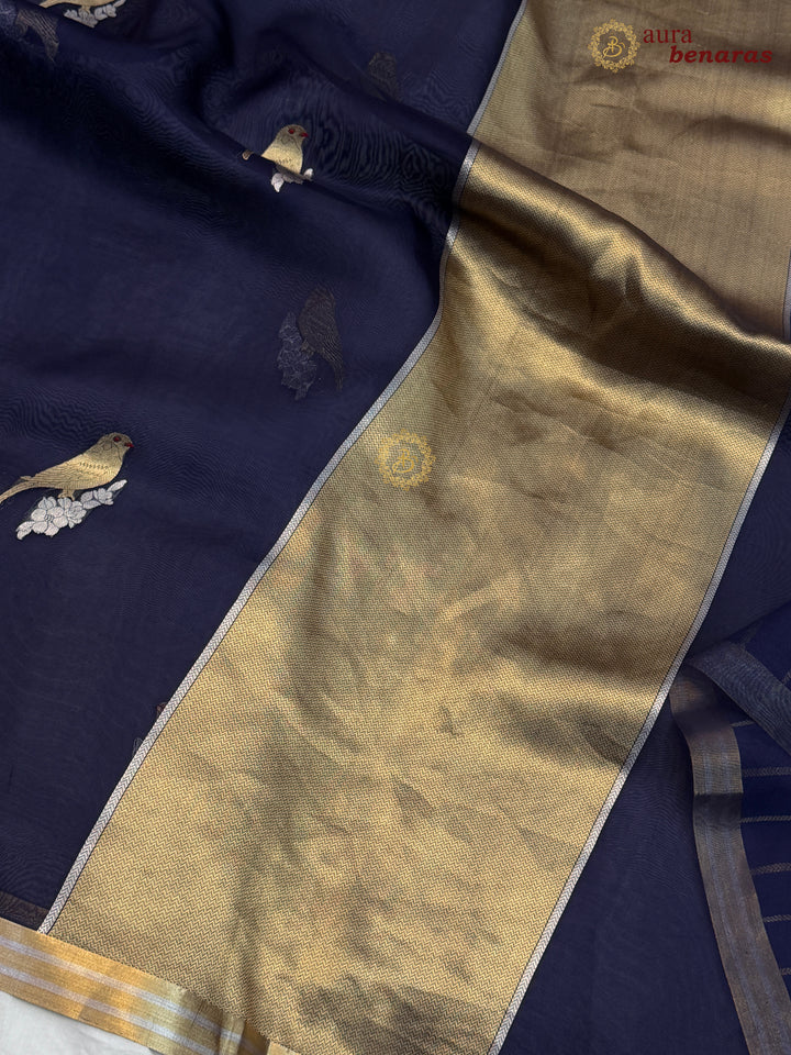Navy Blue Kora Silk Banarasi Saree with Sona Rupa Butis