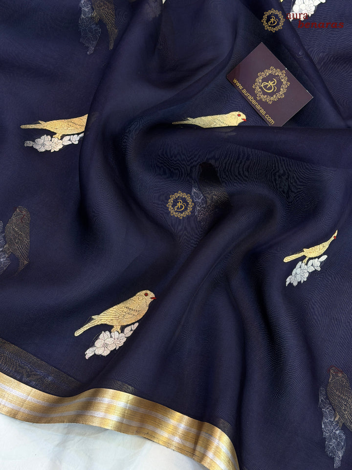 Navy Blue Kora Silk Banarasi Saree with Sona Rupa Butis