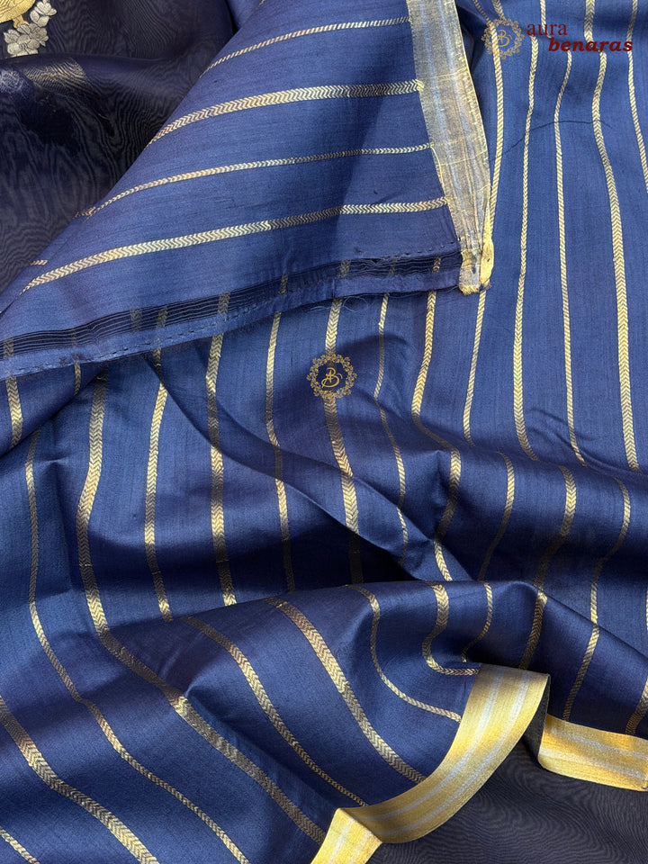 Navy Blue Kora Silk Banarasi Saree with Sona Rupa Butis