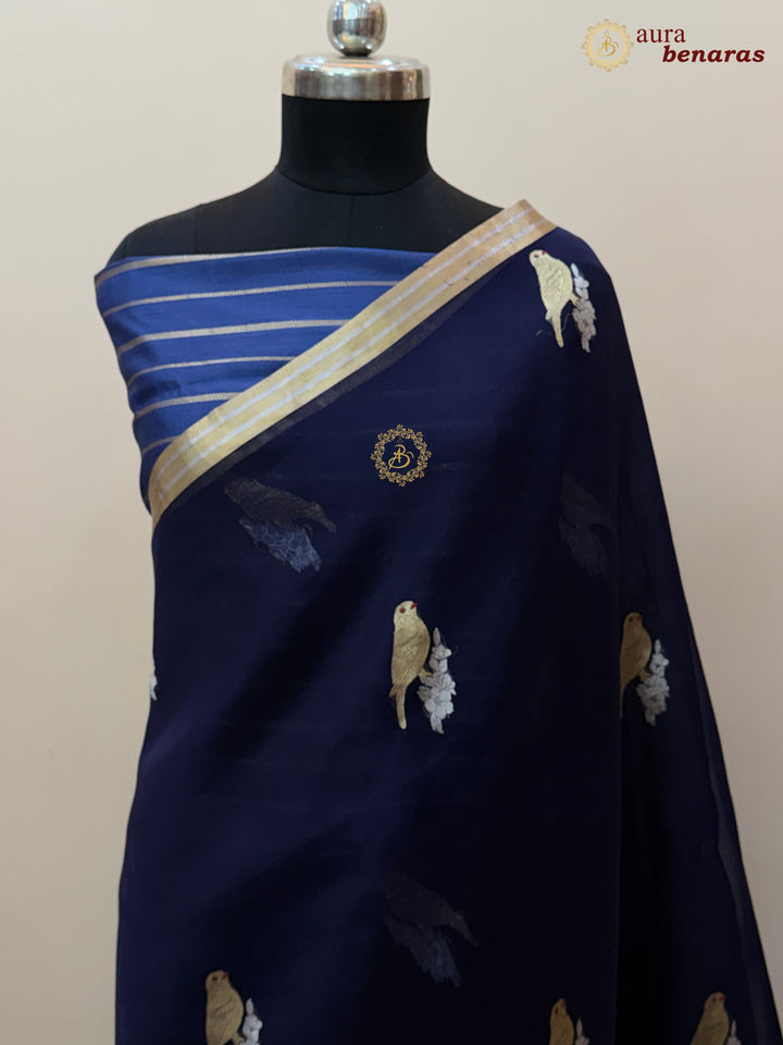 Navy Blue Kora Silk Banarasi Saree with Sona Rupa Butis