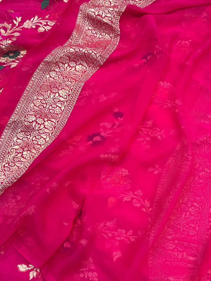 Rani Pink Banarasi Khaddi Georgette Sari with Meenakari Work