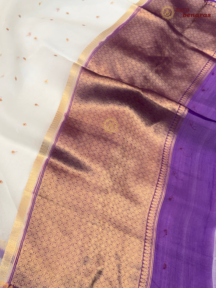 Off White Kora Silk Banarasi Saree with Zari Butis 
