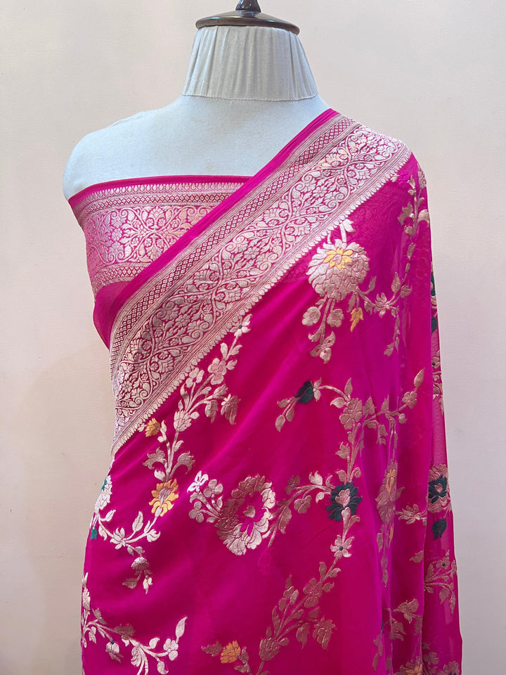 Rani Pink Banarasi Khaddi Georgette Sari with Meenakari Work