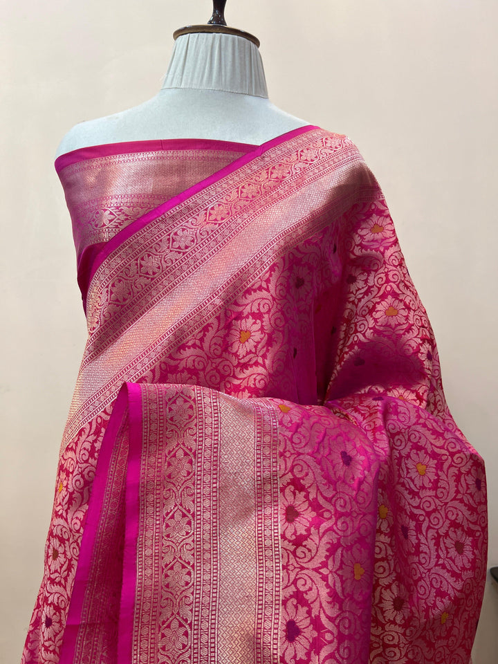 Hot Pink Pure Katan Silk Banarasi Saree with Meenakari Brocade