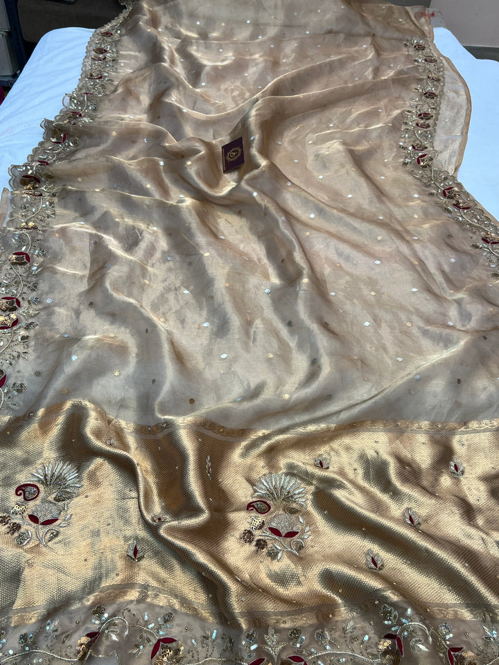 Golden Pure Tissue Silk Banarasi Saree with Zardozi Border