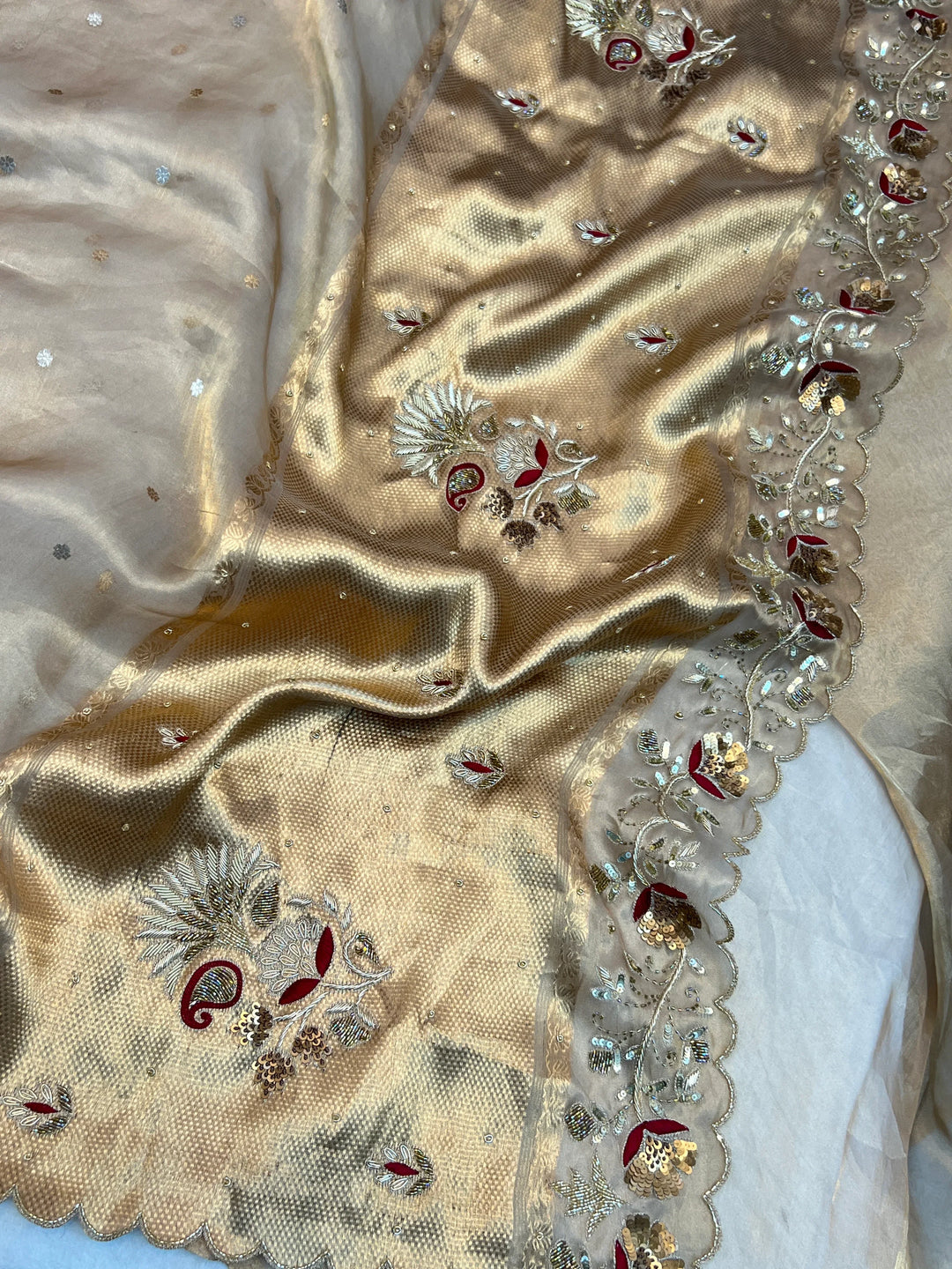 Golden Pure Tissue Silk Banarasi Saree with Zardozi Border