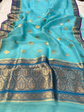 Aqua Blue Banarasi Handloom Kora Silk Saree - Aura Benaras