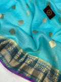 Aqua Blue Banarasi Handloom Kora Silk Saree - Aura Benaras