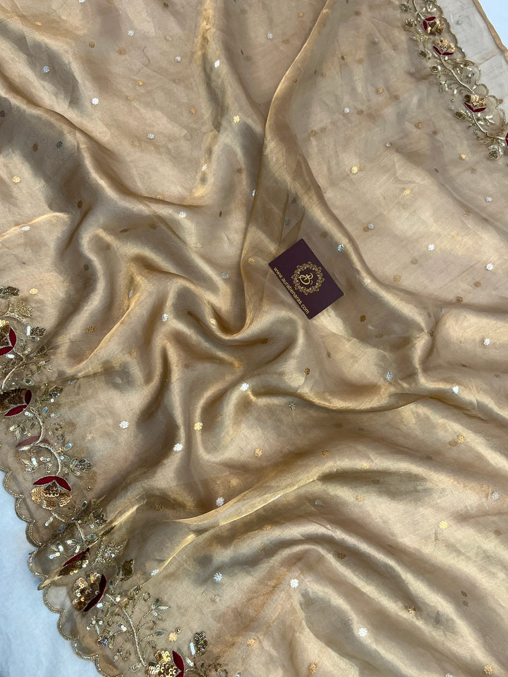 Golden Pure Tissue Silk Banarasi Saree with Zardozi Border