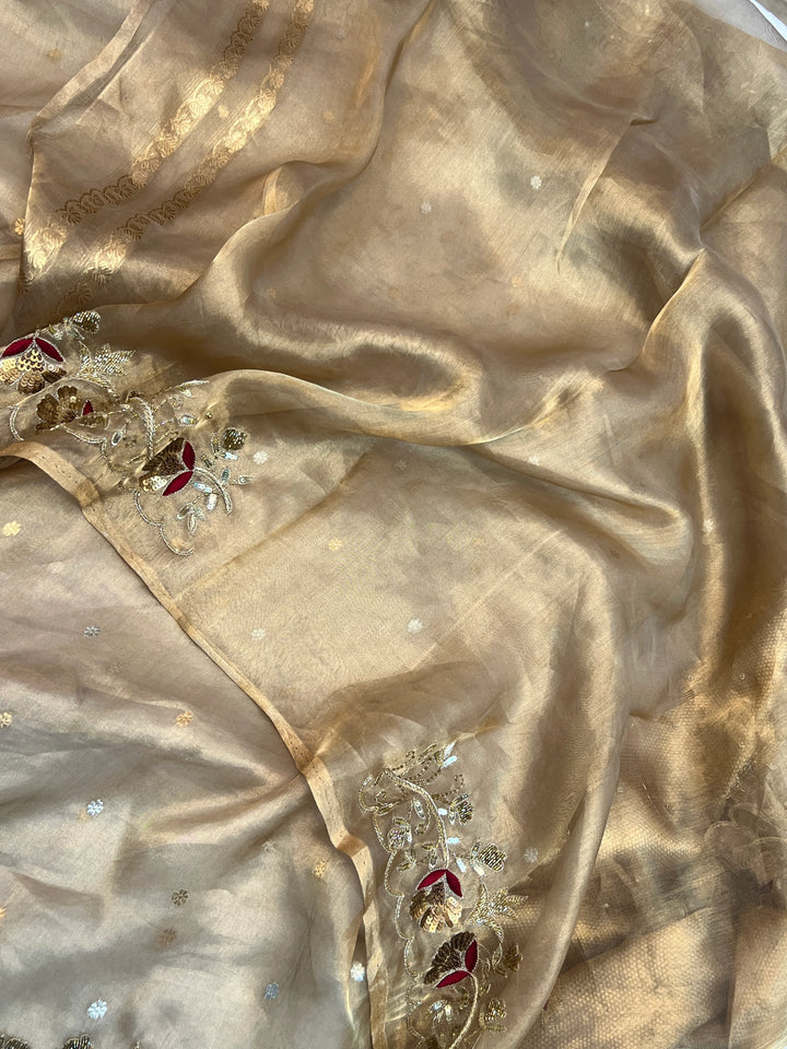 Golden Pure Tissue Silk Banarasi Saree with Zardozi Border